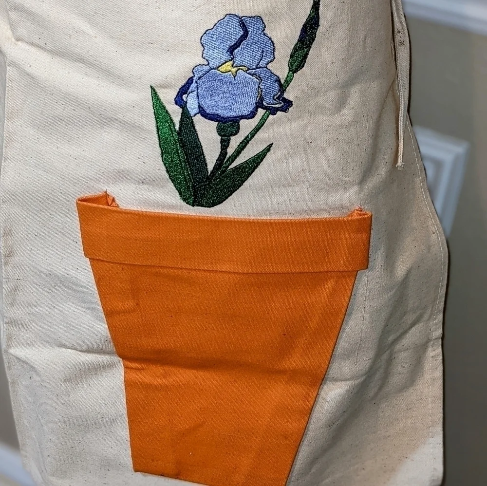 Embroidered irises in planter pockets apron OOAK